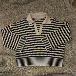 LOFT Women's V-Neck Sweater in Black and White Stripes